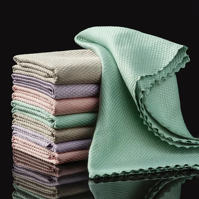 Chiffon de nettoyage pour verre en microfibre, sans peluches, pour fenêtres, voiture et miroirs de cuisine, sans traces, réutilisable, motif écailles de poisson, lot de 1 à 10 pièces 6