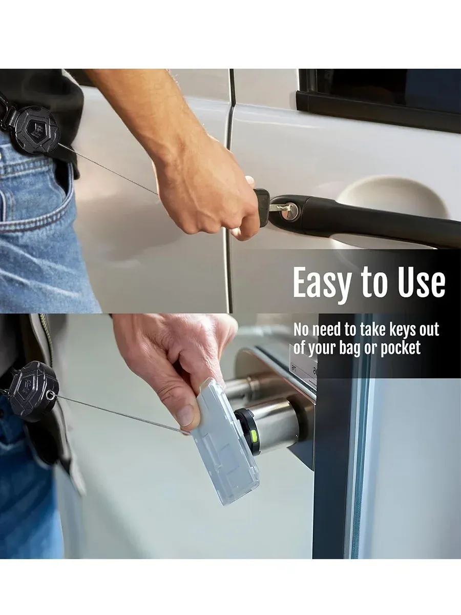 Porte-clés rétractable avec mousqueton, porte-badge tactique et cordon en acier de 80 cm 2