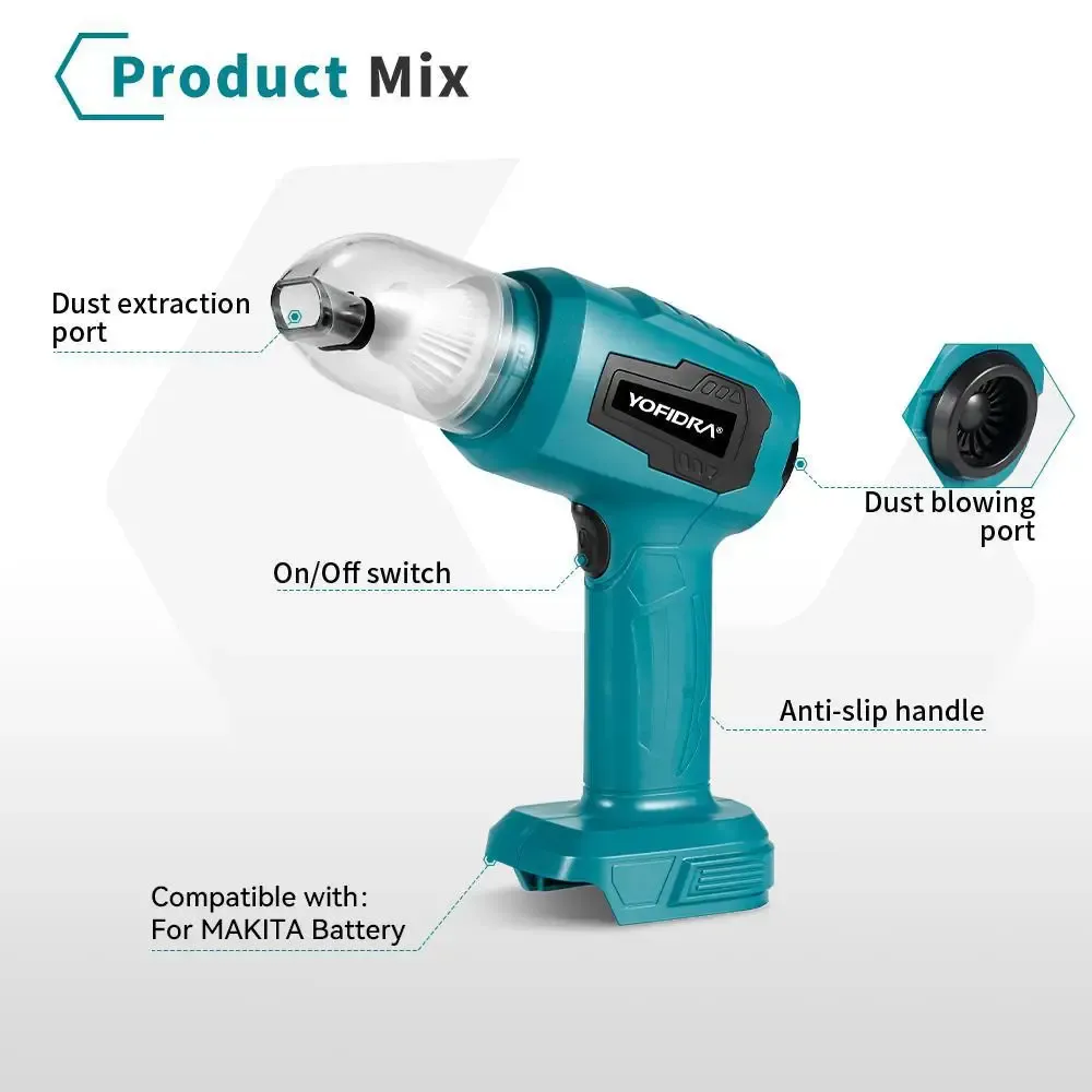 Mini aspirateur sans fil à forte puissance d'aspiration et souffleur portatif pour usage domestique, avec 7 embouts, compatible batteries 18 V et 21 V 7
