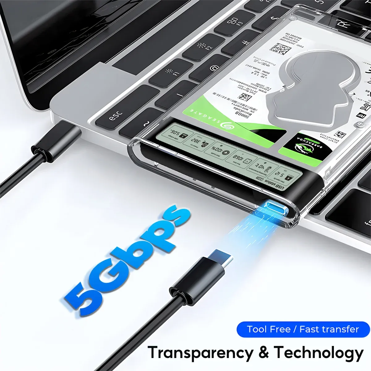 Boîtier de disque dur 2,5 pouces SSD SATA vers USB 3.2, adaptateur 5 Gbps, boîtier externe transparent 5