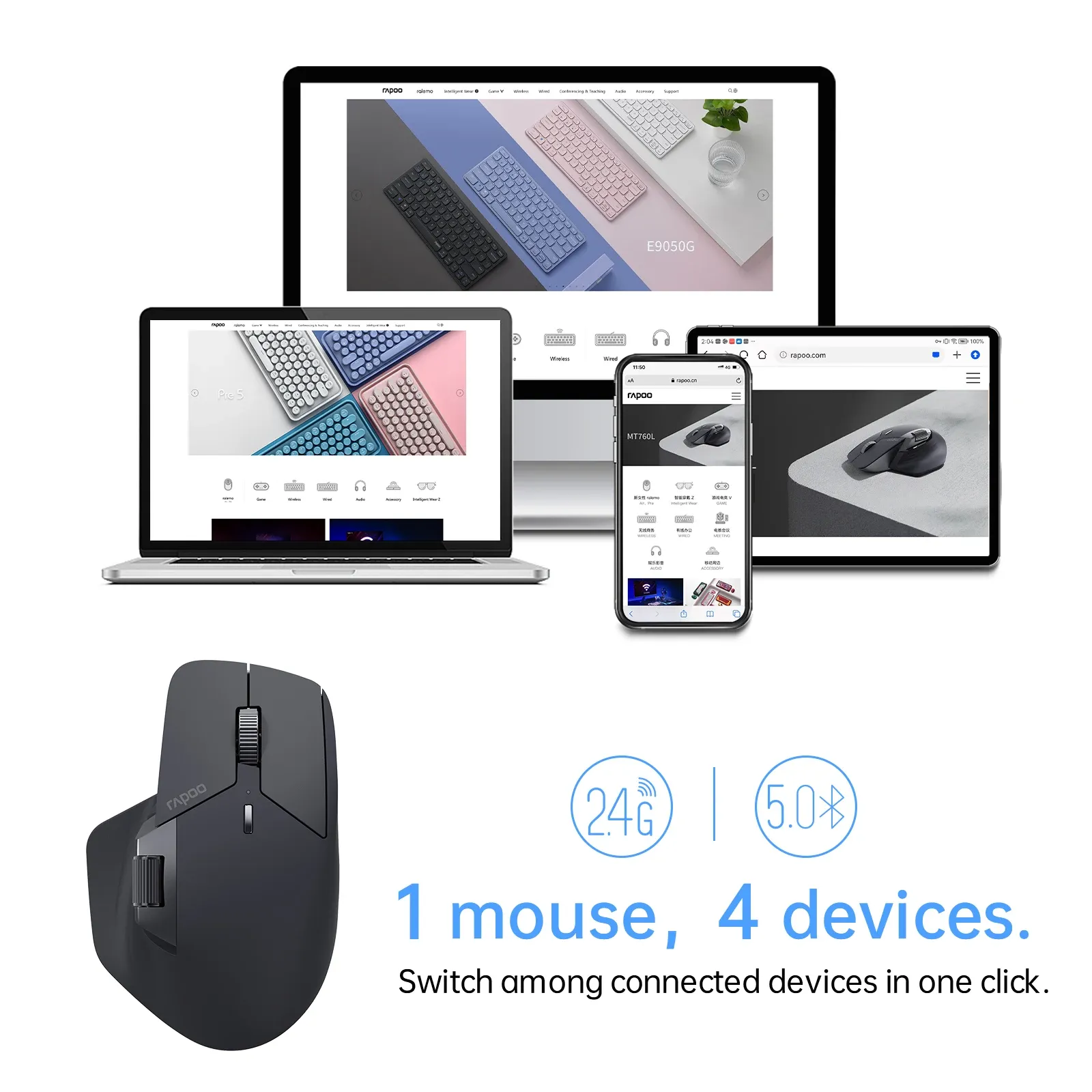 Rapoo Souris sans fil multimode MT760L/MT760M, ergonomique, 4000 DPI, jusqu'à 4 appareils, Bluetooth 2