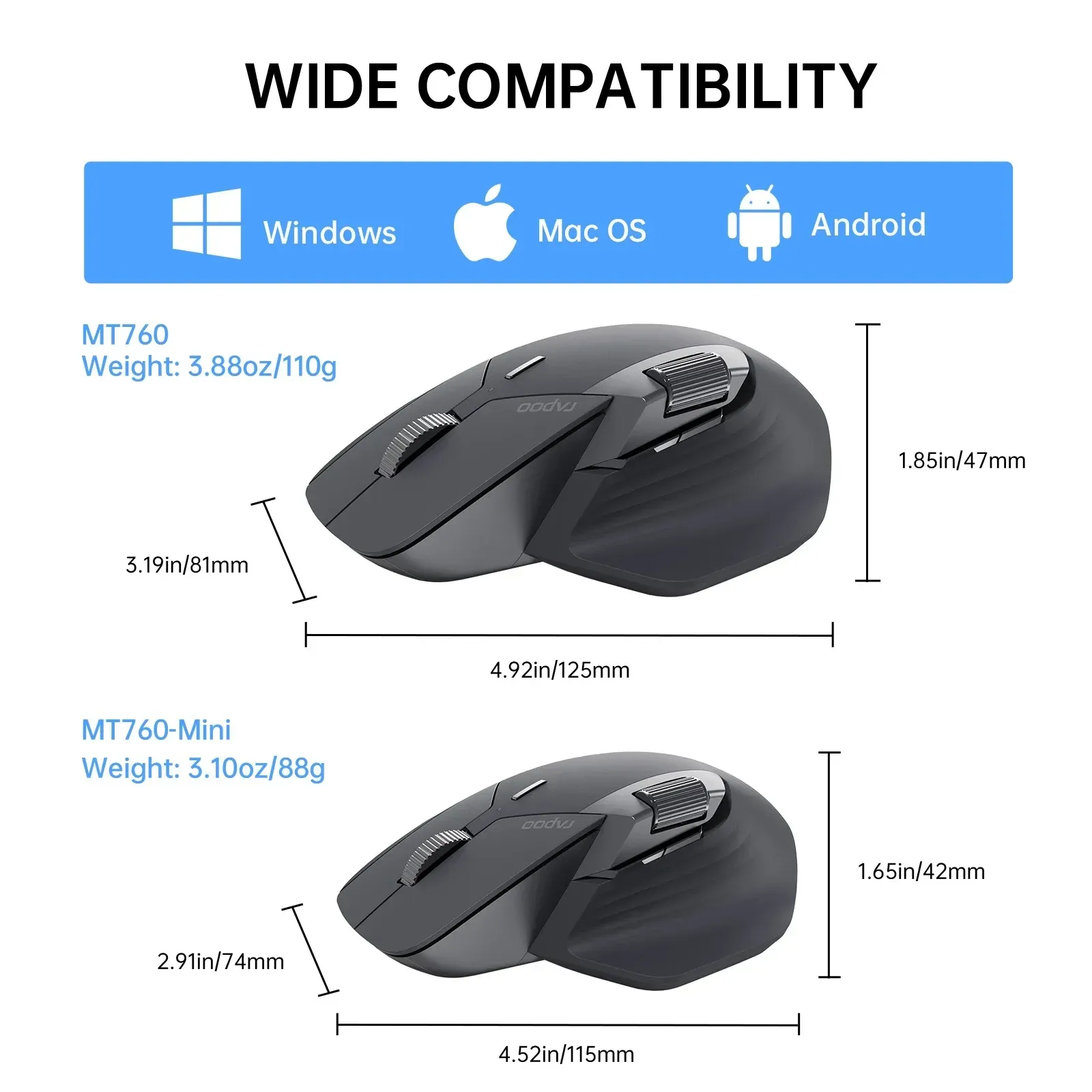Rapoo Souris sans fil multimode MT760L/MT760M, ergonomique, 4000 DPI, jusqu'à 4 appareils, Bluetooth 6