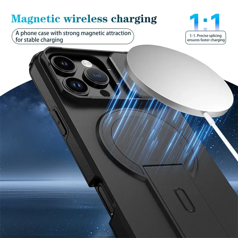 Étui magnétique compatible MagSafe pour iPhone 16, 15, 14, 13, 12 et 11 (Pro, Pro Max, Plus) avec béquille et cache-objectif coulissant 2