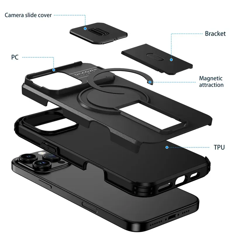 Étui magnétique compatible MagSafe pour iPhone 16, 15, 14, 13, 12 et 11 (Pro, Pro Max, Plus) avec béquille et cache-objectif coulissant 5