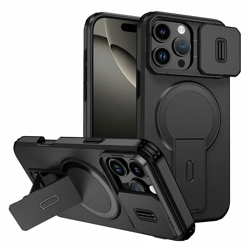 Étui magnétique compatible MagSafe pour iPhone 16, 15, 14, 13, 12 et 11 (Pro, Pro Max, Plus) avec béquille et cache-objectif coulissant 10