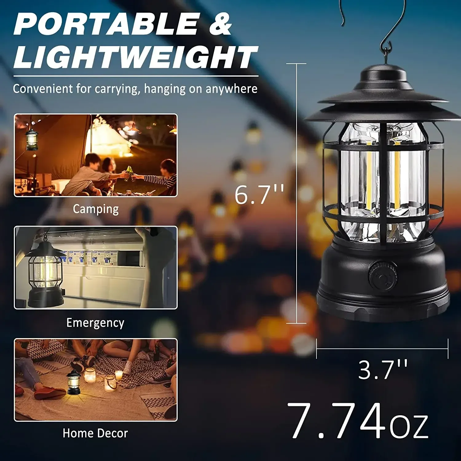 Lanterne de camping rechargeable à intensité variable COB, portable et étanche, pour la randonnée, la pêche, les urgences et les coupures de courant à domicile, usage intérieur et extérieur
