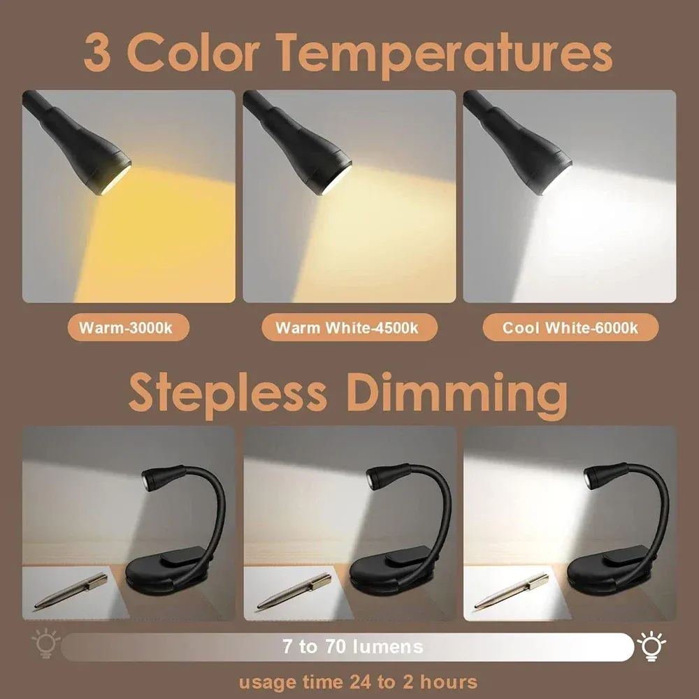 Lampe de lecture LED GGbingo 3 couleurs, rechargeable et pliable, clip réglable à 360° 5