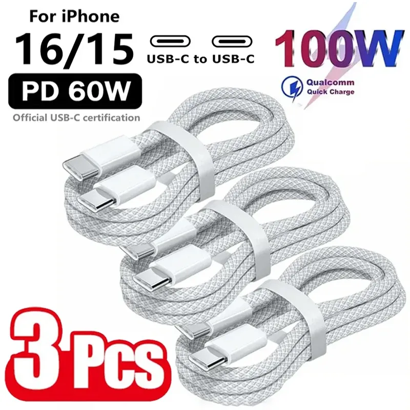 Câble USB-C vers USB-C, lot de 3, 100 W, charge rapide, compatible iPhone 16, iPhone 15, Samsung, Xiaomi, Huawei