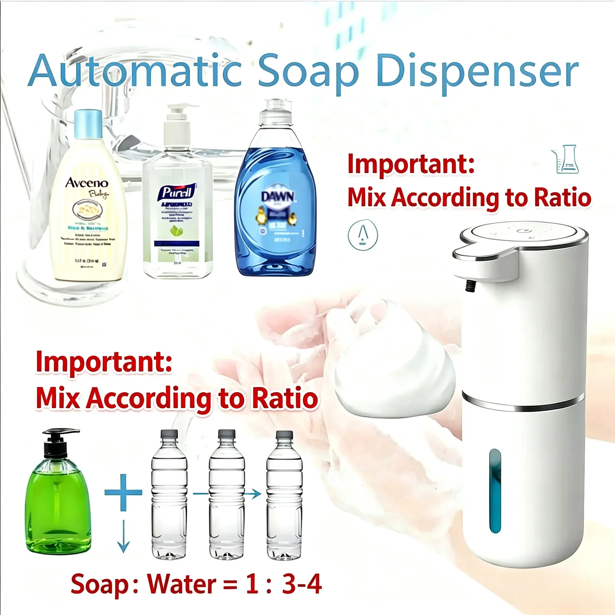 Distributeur automatique de savon liquide ou en poudre, distributeur électrique sans contact rechargeable par USB avec capteur infrarouge pour salle de bain et cuisine 2