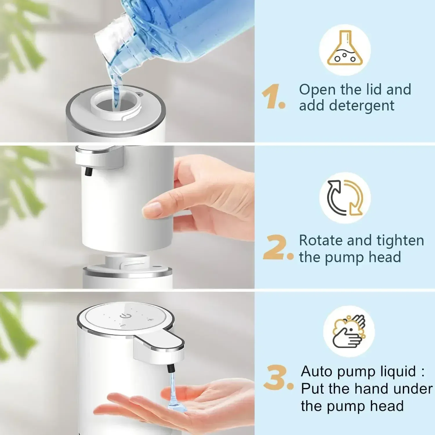 Distributeur automatique de savon liquide ou en poudre, distributeur électrique sans contact rechargeable par USB avec capteur infrarouge pour salle de bain et cuisine 6
