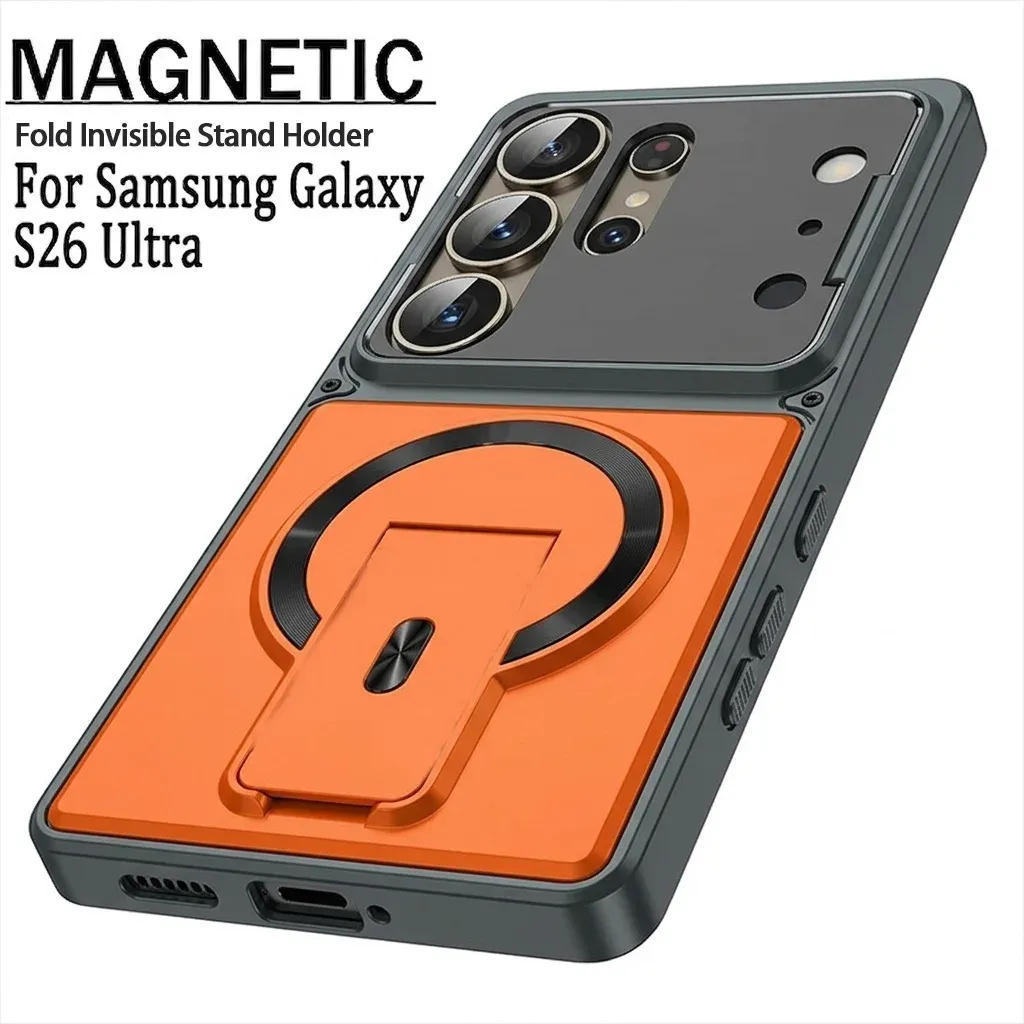 Coque magnétique pour Samsung Galaxy S26, S25, S24, S23 Ultra et A57, A56, A37, A36 avec protection intégrale de l'objectif, support pliable et compatibilité MagSafe