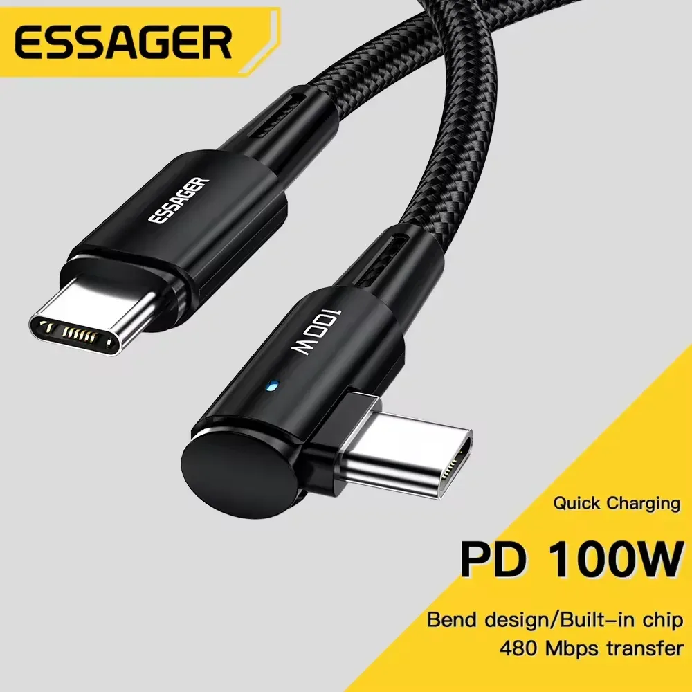 Câble USB Type-C vers USB-C 100 W coudé à 90 degrés Essager pour iPad, MacBook Pro, Xiaomi, Samsung et Huawei, charge rapide 1