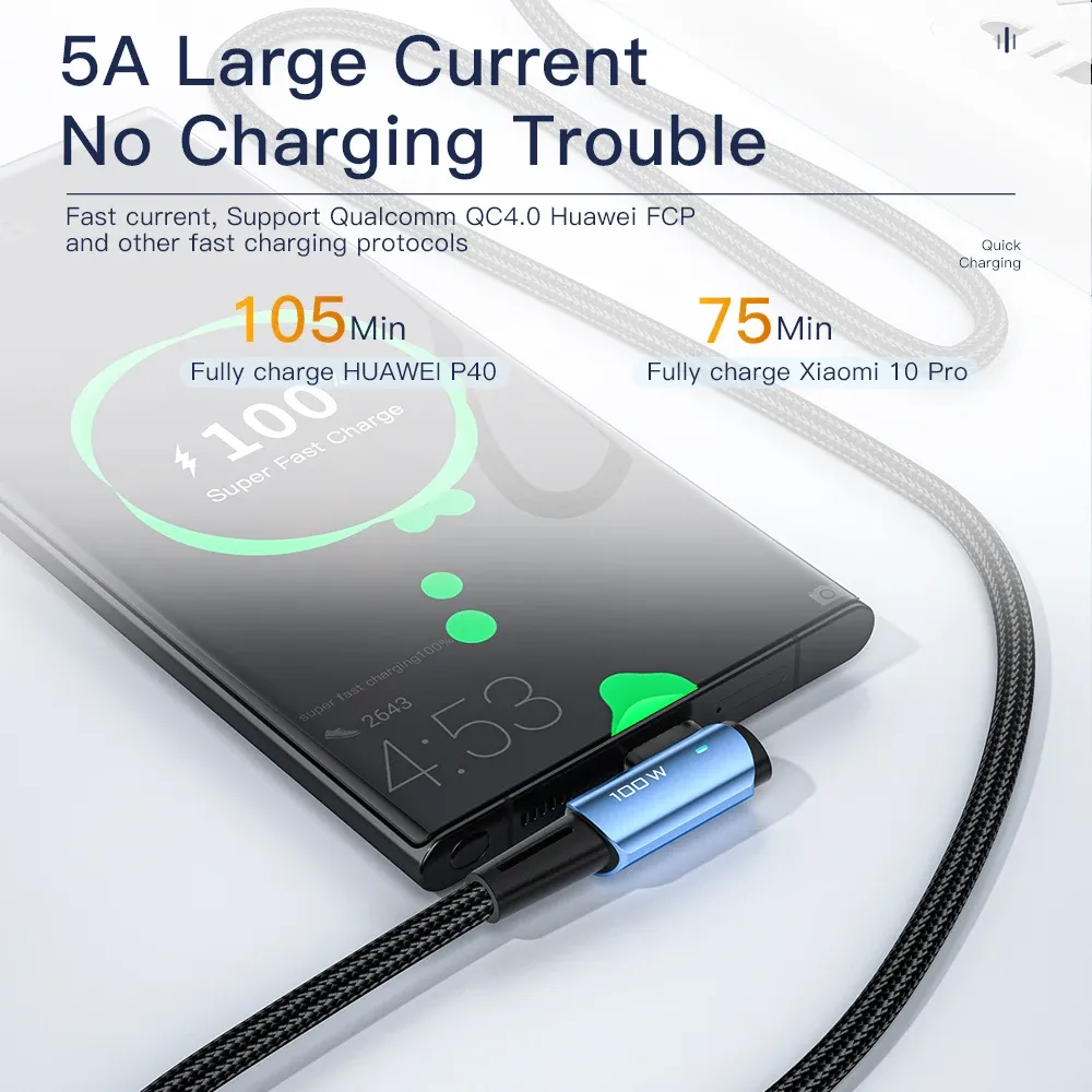 Câble USB Type-C vers USB-C 100 W coudé à 90 degrés Essager pour iPad, MacBook Pro, Xiaomi, Samsung et Huawei, charge rapide 3