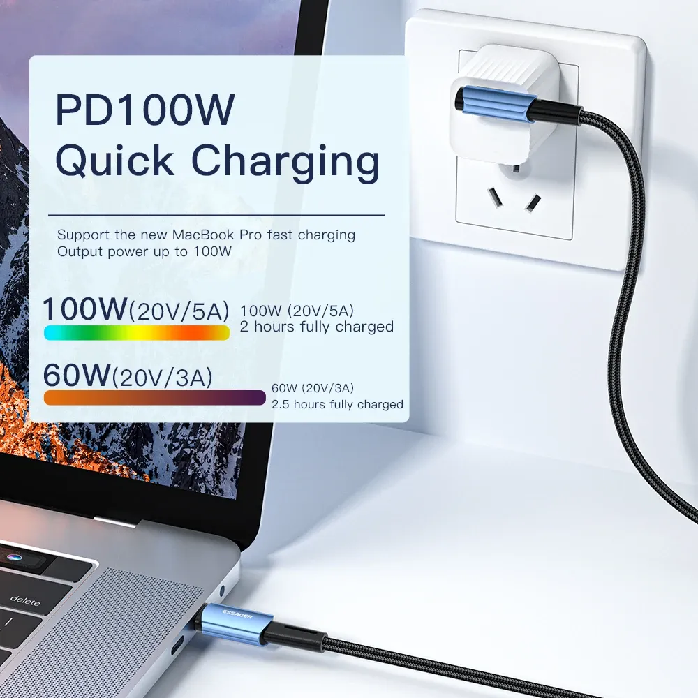 Câble USB Type-C vers USB-C 100 W coudé à 90 degrés Essager pour iPad, MacBook Pro, Xiaomi, Samsung et Huawei, charge rapide 2