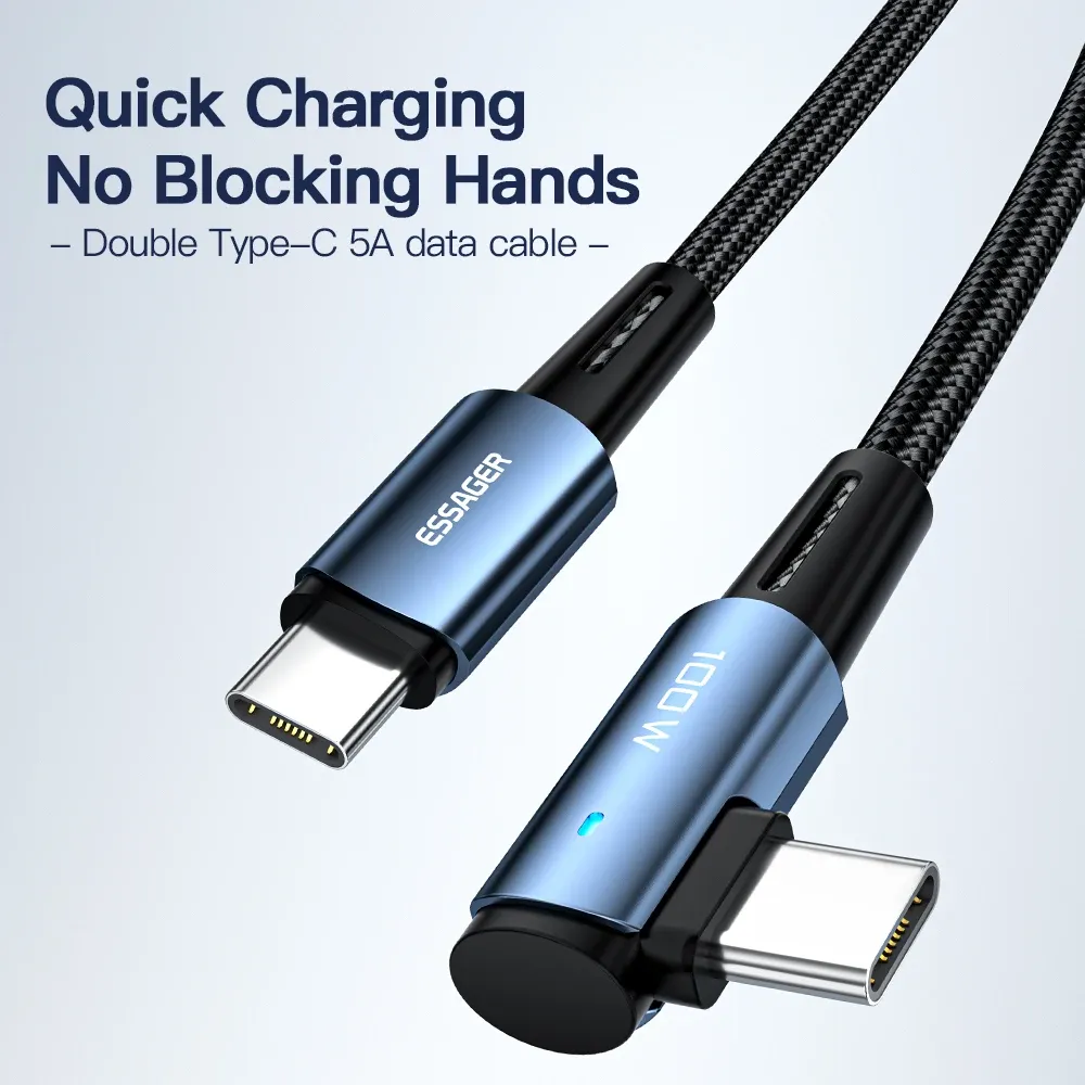 Câble USB Type-C vers USB-C 100 W coudé à 90 degrés Essager pour iPad, MacBook Pro, Xiaomi, Samsung et Huawei, charge rapide 6