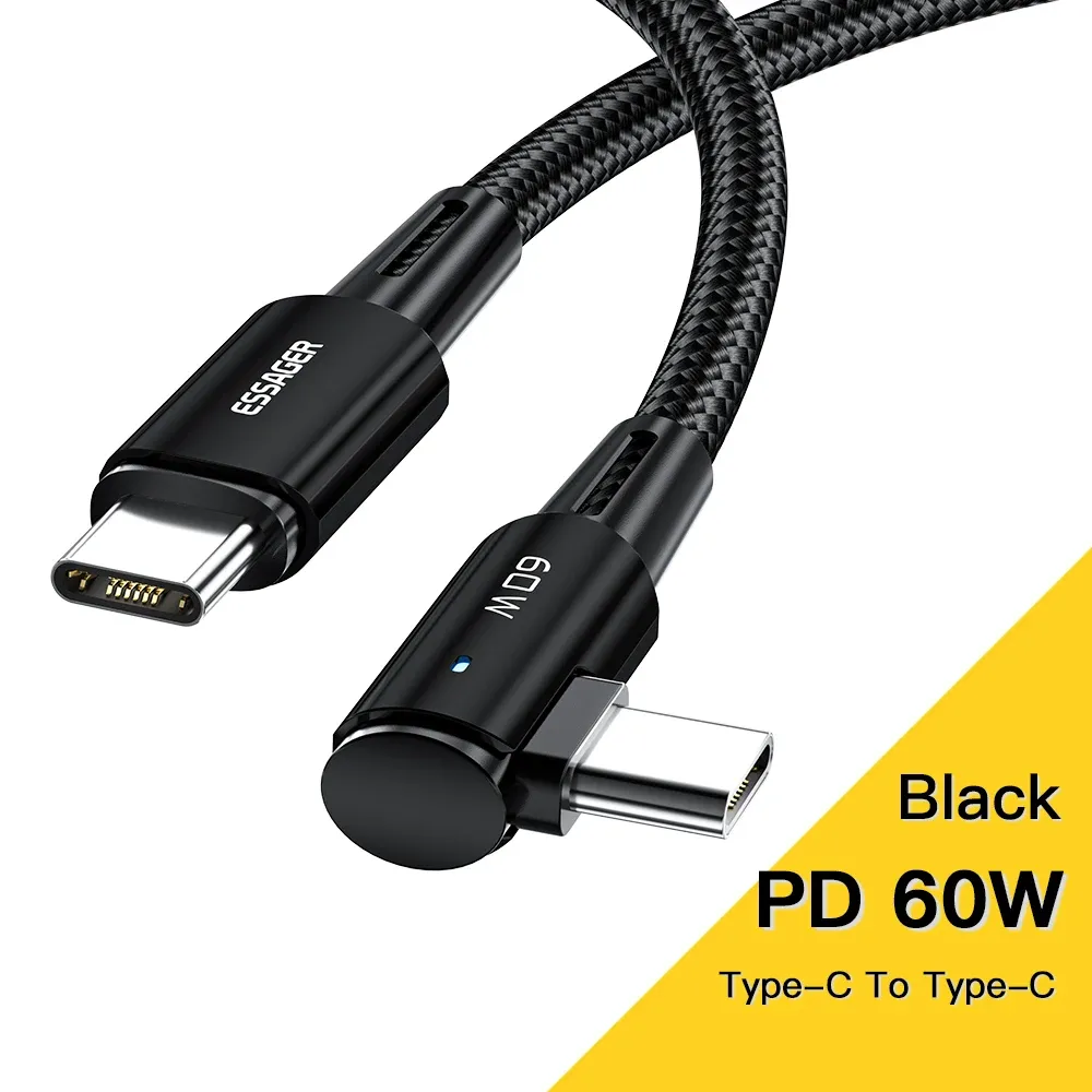 Câble USB Type-C vers USB-C 100 W coudé à 90 degrés Essager pour iPad, MacBook Pro, Xiaomi, Samsung et Huawei, charge rapide 12