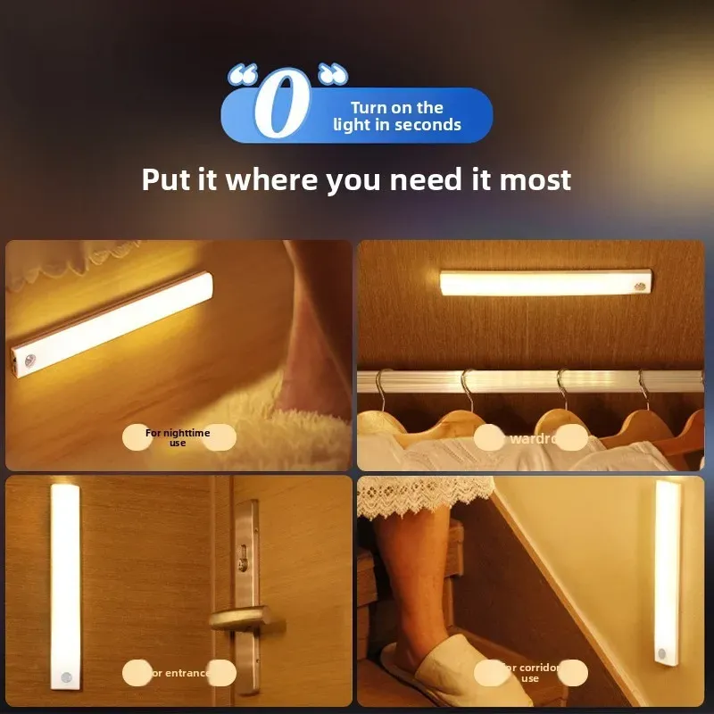 1/2/4 pcs lampe LED à détecteur de mouvement pour sous-armoire, rechargeable, avec bande magnétique, pour cuisine et placard 4