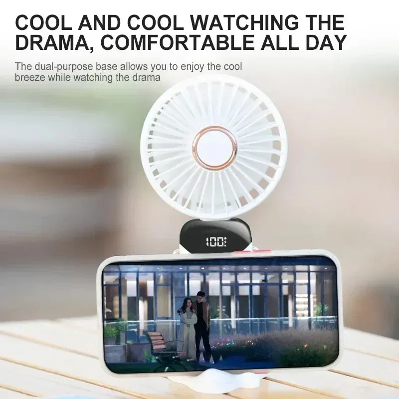 Mini ventilateur de cou portable avec support téléphone et écran d'affichage, rechargeable par USB, 5 vitesses, batterie 1800 mAh 3
