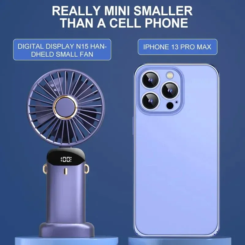 Mini ventilateur de cou portable avec support téléphone et écran d'affichage, rechargeable par USB, 5 vitesses, batterie 1800 mAh 2