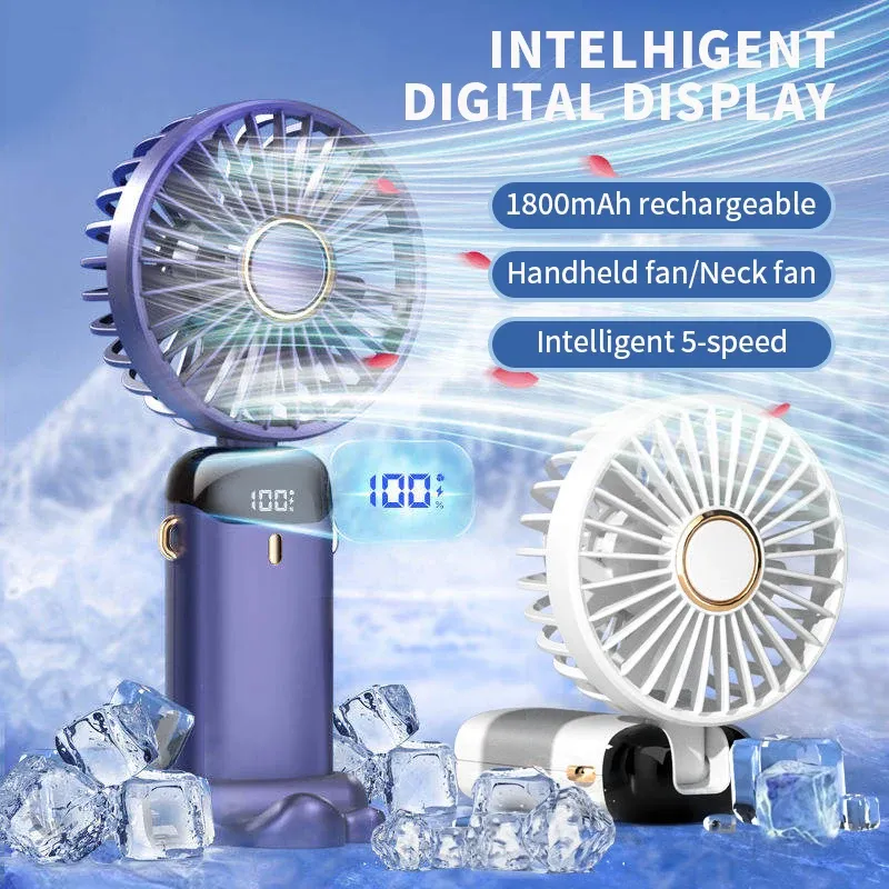 Mini ventilateur de cou portable avec support téléphone et écran d'affichage, rechargeable par USB, 5 vitesses, batterie 1800 mAh 1