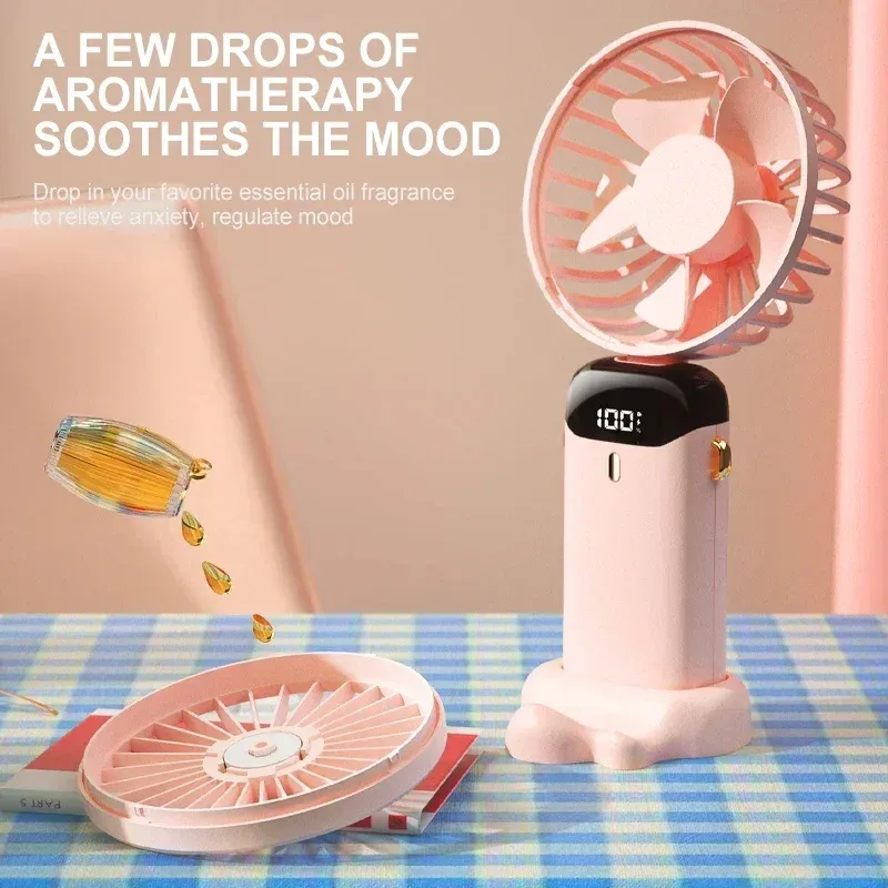 Mini ventilateur de cou portable avec support téléphone et écran d'affichage, rechargeable par USB, 5 vitesses, batterie 1800 mAh 5