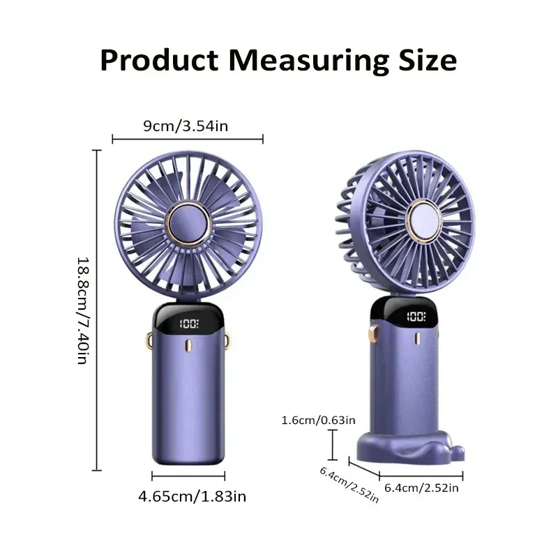 Mini ventilateur de cou portable avec support téléphone et écran d'affichage, rechargeable par USB, 5 vitesses, batterie 1800 mAh 6
