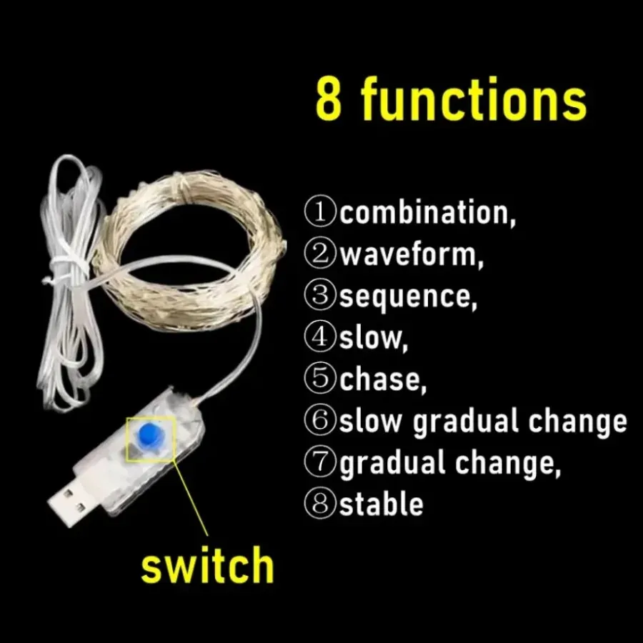 Guirlande lumineuse LED à alimentation USB, 8 modes d'éclairage – Décoration de Noël et de fête 3
