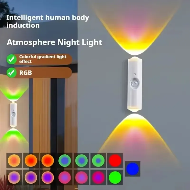 Veilleuse LED double tête à effet coucher de soleil, applique RGB avec capteur de mouvement, lumière d'ambiance magnétique rechargeable par USB, idéale pour les fêtes, couloirs et placards