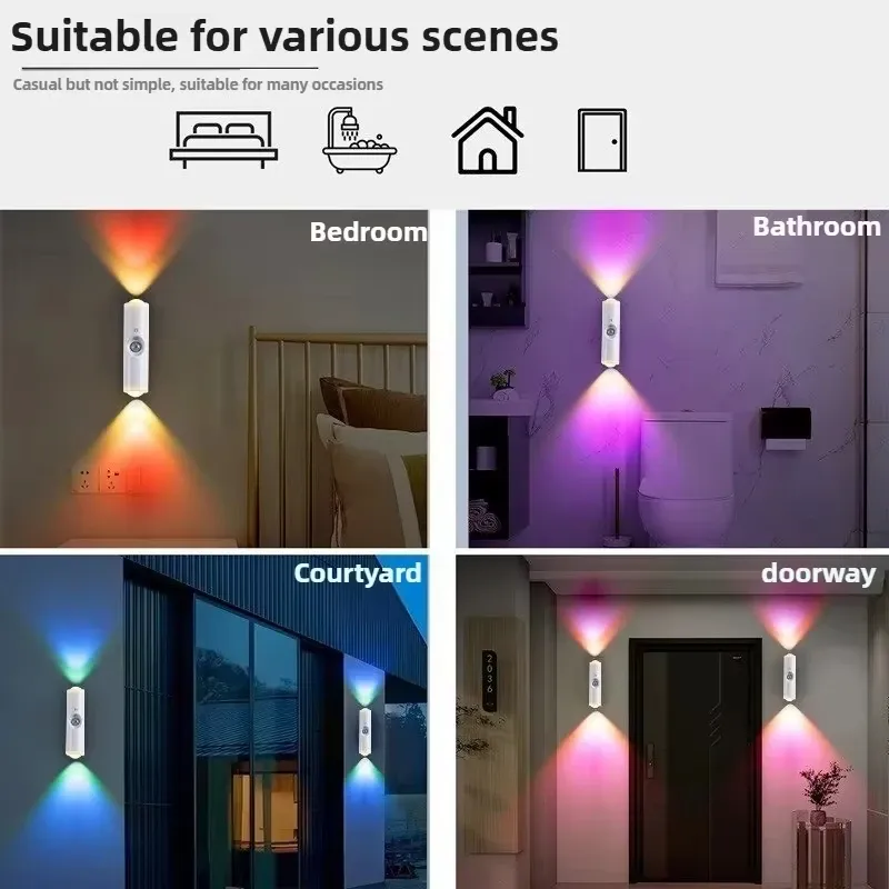 Veilleuse LED double tête à effet coucher de soleil, applique RGB avec capteur de mouvement, lumière d'ambiance magnétique rechargeable par USB, idéale pour les fêtes, couloirs et placards 4