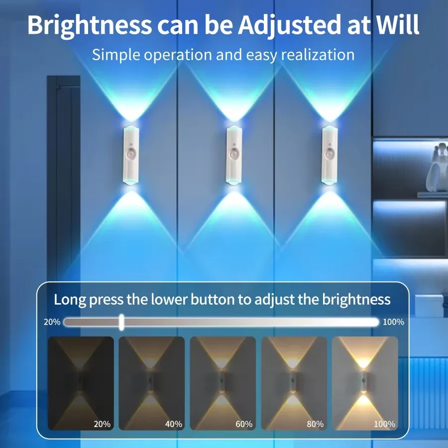 Veilleuse LED double tête à effet coucher de soleil, applique RGB avec capteur de mouvement, lumière d'ambiance magnétique rechargeable par USB, idéale pour les fêtes, couloirs et placards 5