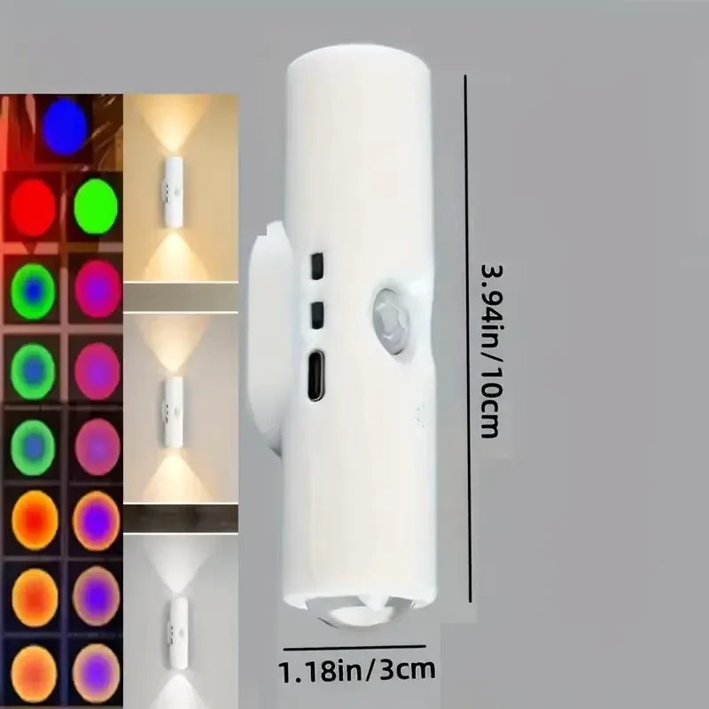 Veilleuse LED double tête à effet coucher de soleil, applique RGB avec capteur de mouvement, lumière d'ambiance magnétique rechargeable par USB, idéale pour les fêtes, couloirs et placards 6