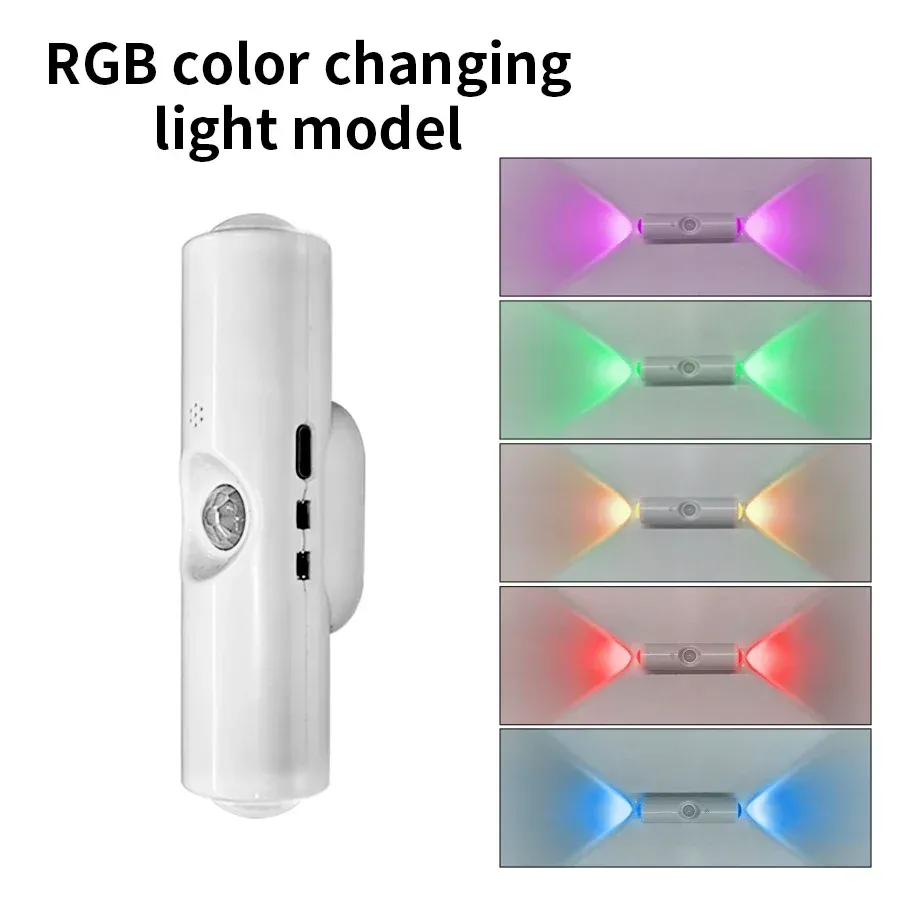 Veilleuse LED double tête à effet coucher de soleil, applique RGB avec capteur de mouvement, lumière d'ambiance magnétique rechargeable par USB, idéale pour les fêtes, couloirs et placards 7