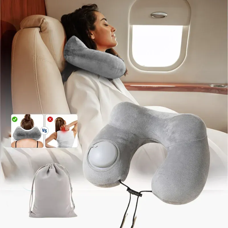 Oreiller de voyage gonflable en forme de U avec pompe intégrée