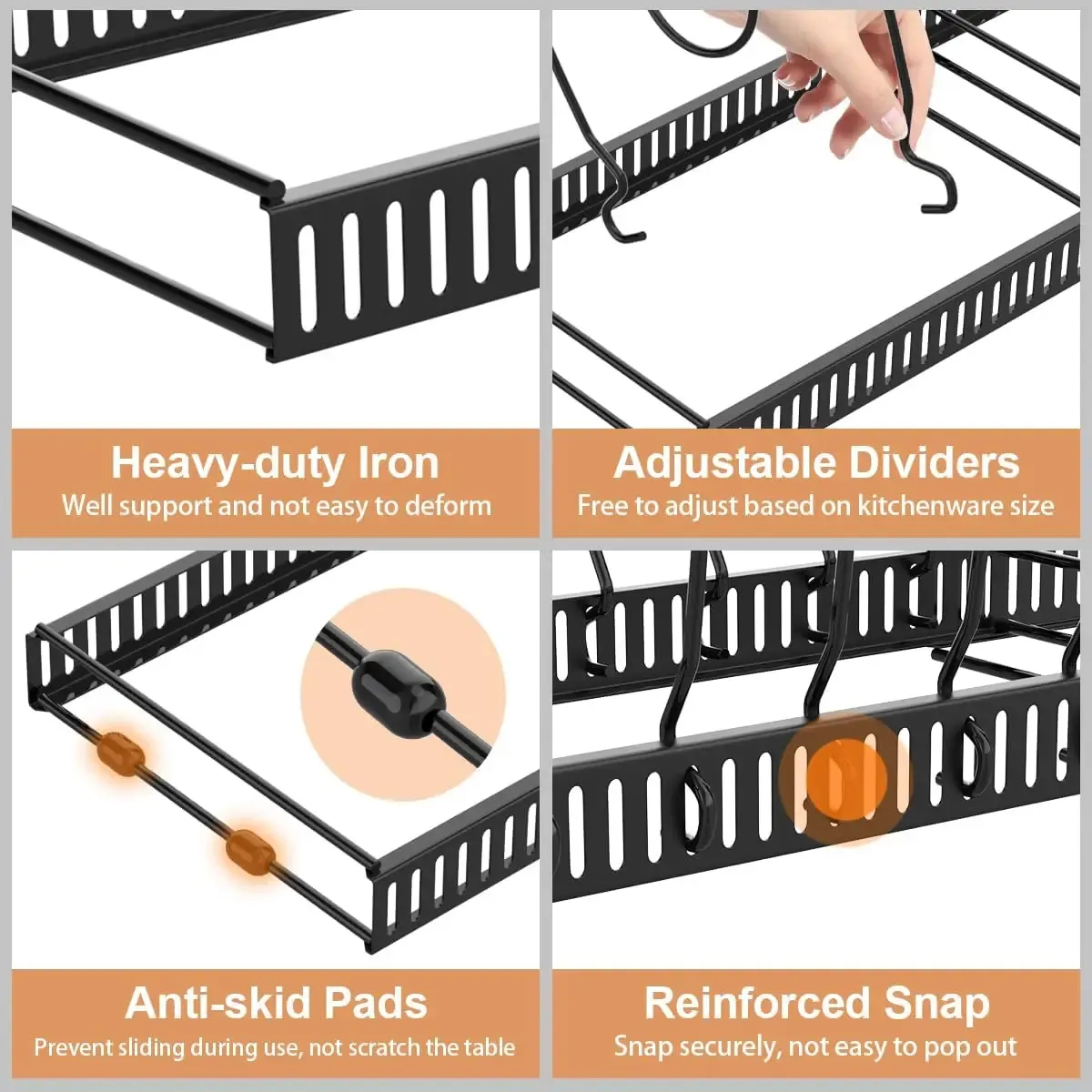 Support organisateur de casseroles et couvercles pour armoire, extensible, avec 10 séparateurs réglables 3