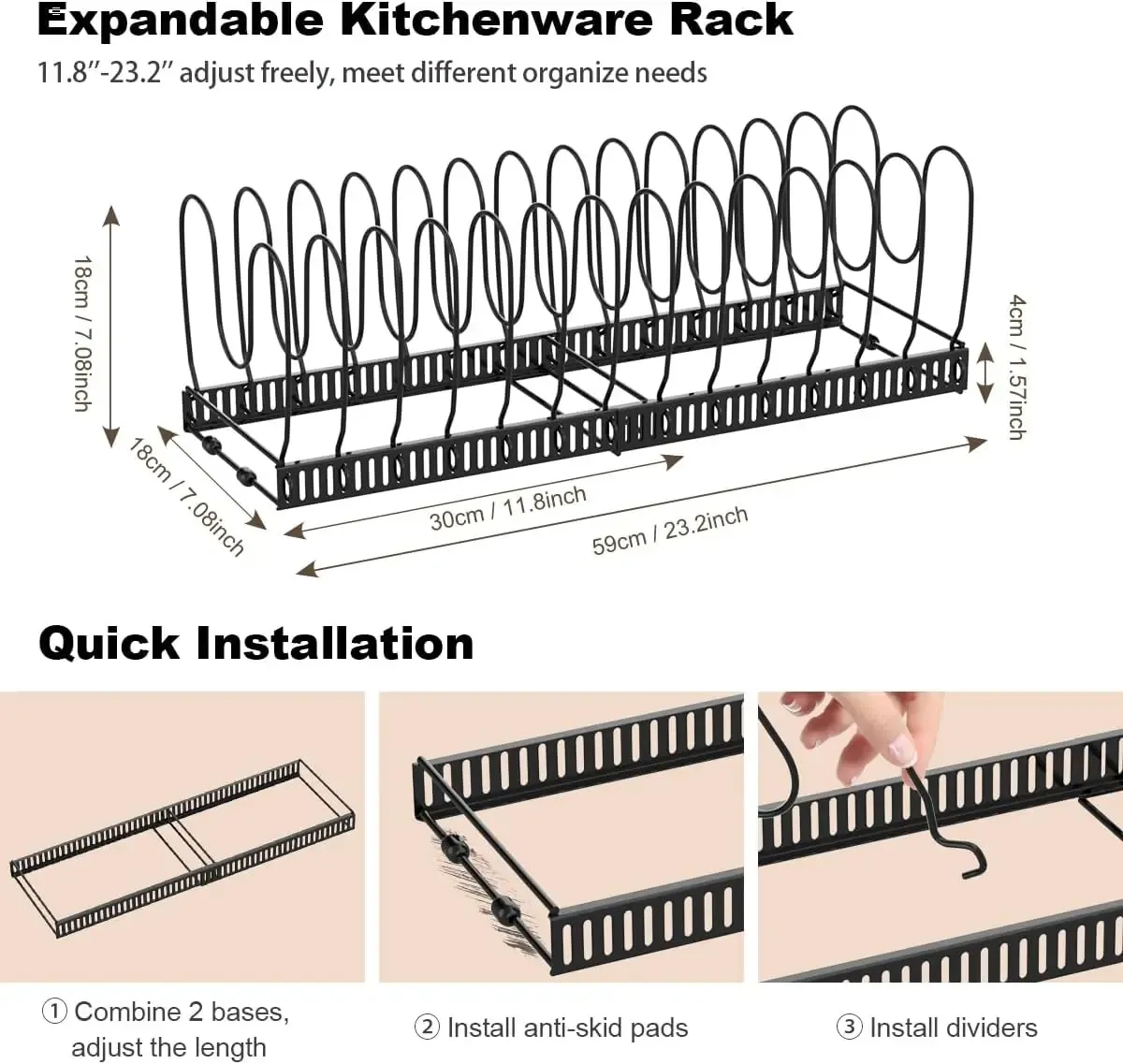 Support organisateur de casseroles et couvercles pour armoire, extensible, avec 10 séparateurs réglables 5