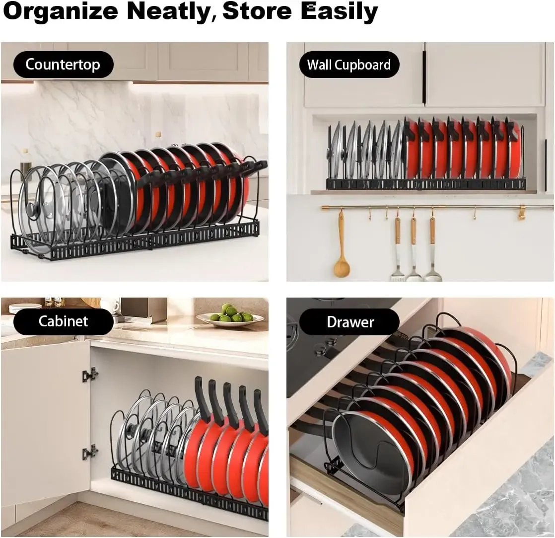 Support organisateur de casseroles et couvercles pour armoire, extensible, avec 10 séparateurs réglables 6