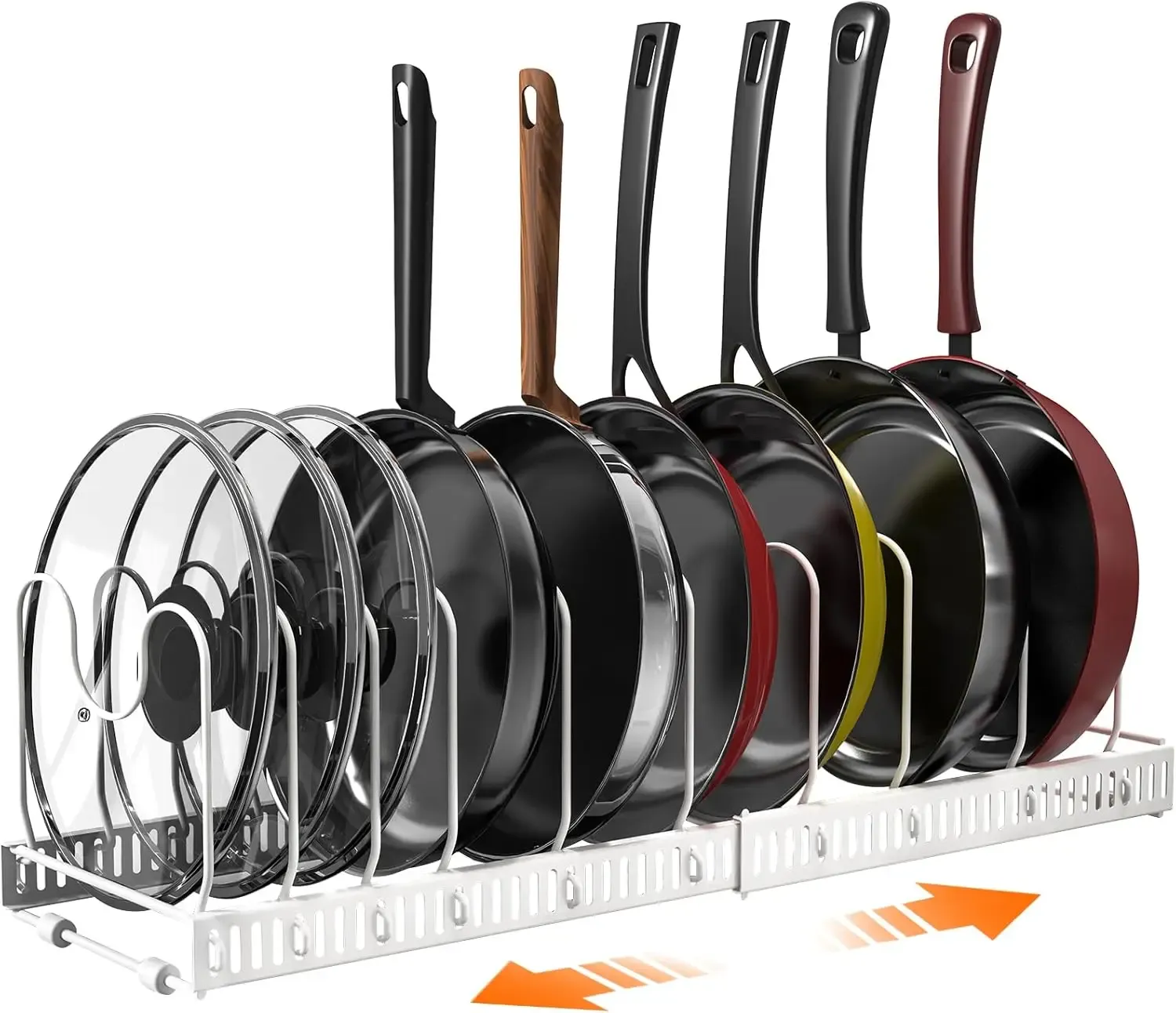 Support organisateur de casseroles et couvercles pour armoire, extensible, avec 10 séparateurs réglables 7