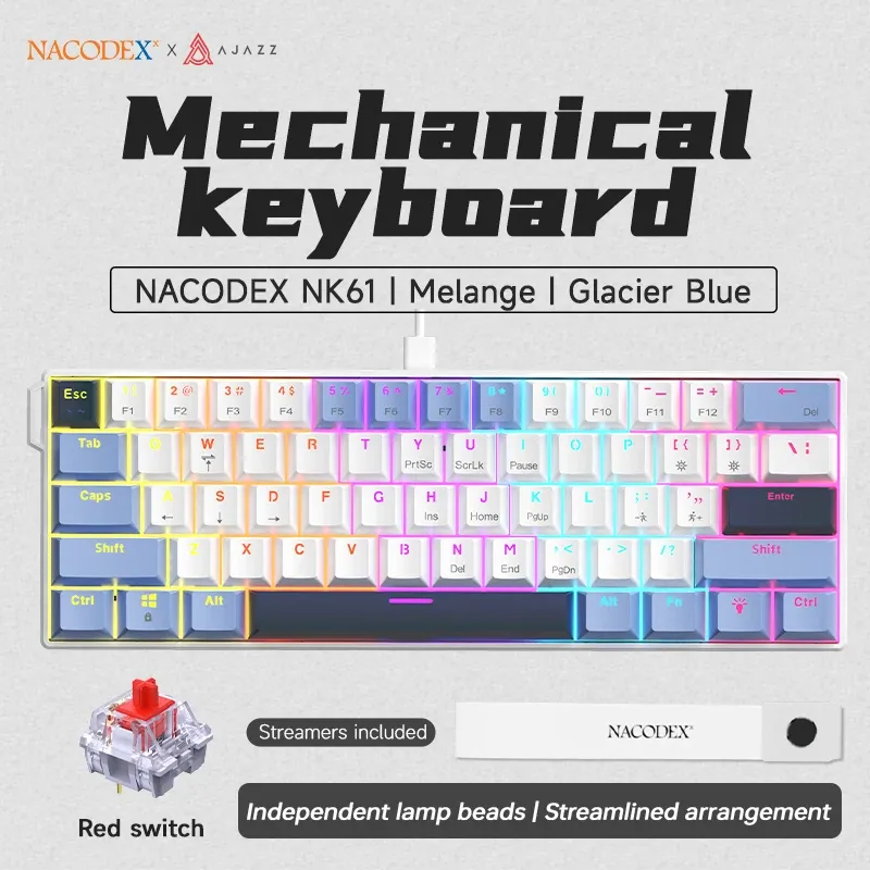 Clavier de jeu mécanique filaire AJAZZ NK61, compatible avec le remplacement à chaud de toutes les touches, idéal pour le travail de bureau et les jeux. 4