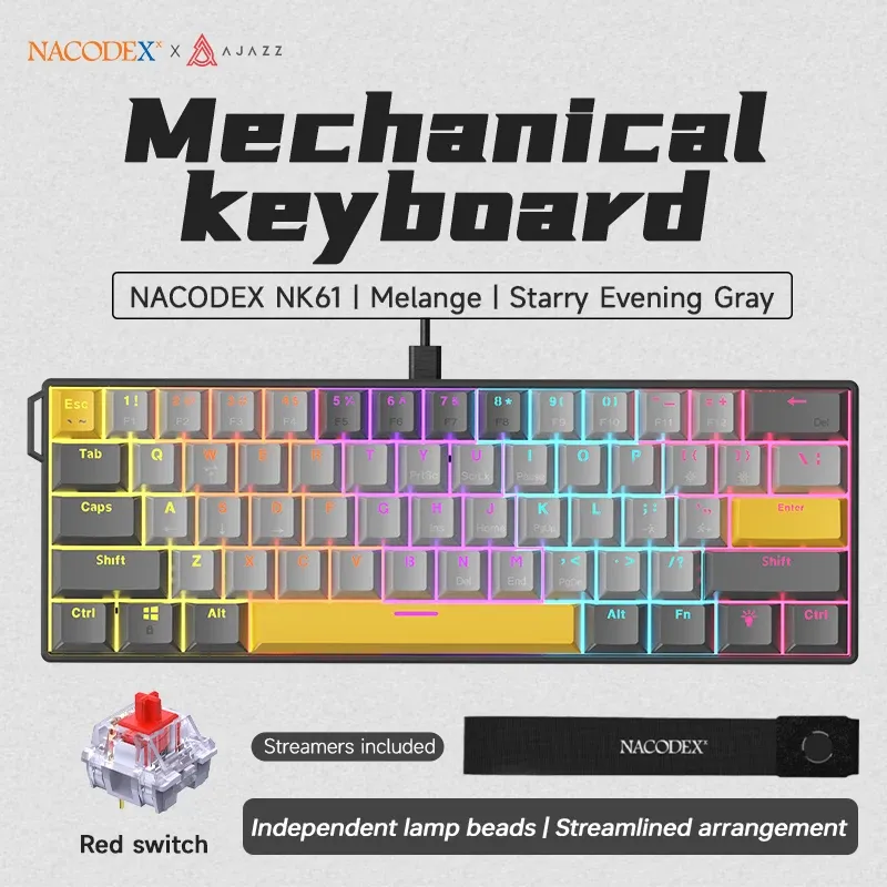Clavier de jeu mécanique filaire AJAZZ NK61, compatible avec le remplacement à chaud de toutes les touches, idéal pour le travail de bureau et les jeux. 5