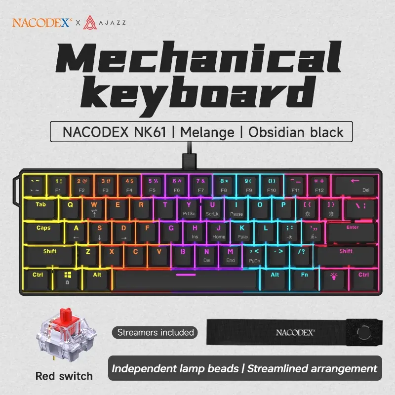 Clavier de jeu mécanique filaire AJAZZ NK61, compatible avec le remplacement à chaud de toutes les touches, idéal pour le travail de bureau et les jeux. 6