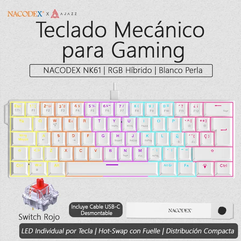 Clavier de jeu mécanique filaire AJAZZ NK61, compatible avec le remplacement à chaud de toutes les touches, idéal pour le travail de bureau et les jeux. 8