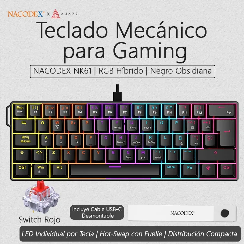 Clavier de jeu mécanique filaire AJAZZ NK61, compatible avec le remplacement à chaud de toutes les touches, idéal pour le travail de bureau et les jeux. 7