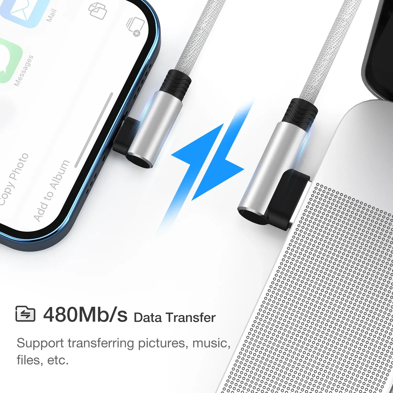 Câble USB coudé à 90° pour iPhone et iPad, longueur standard 5