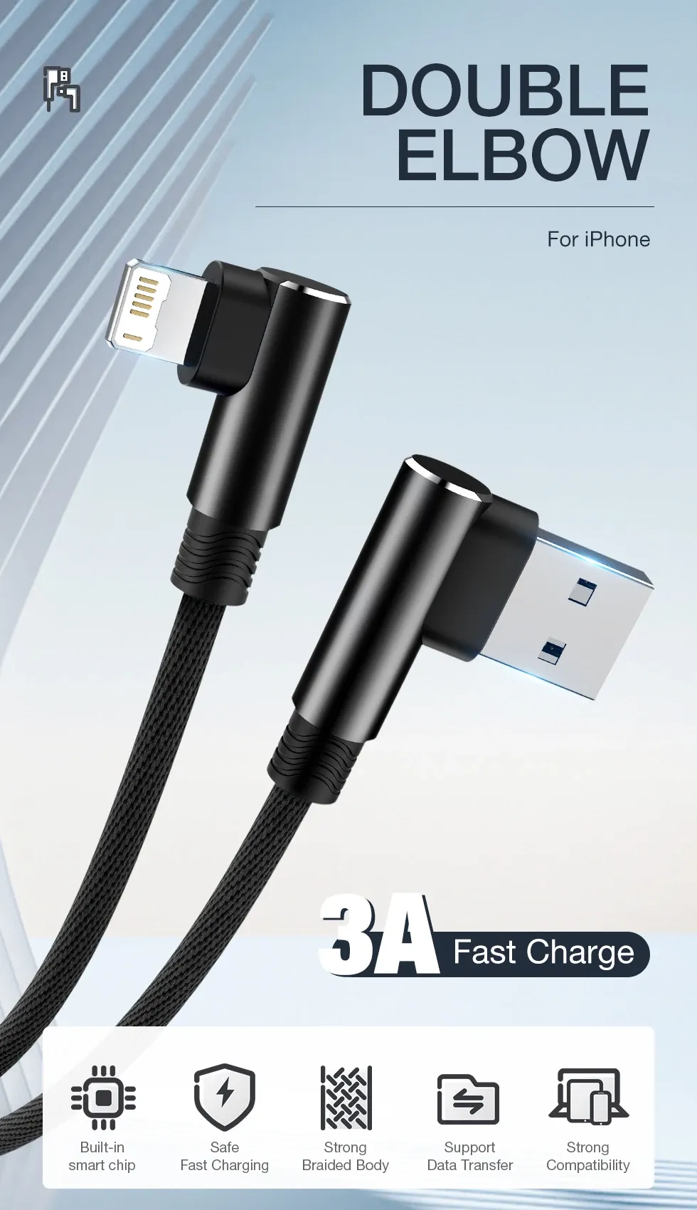 Câble USB coudé à 90 degrés, vue d'ensemble du design