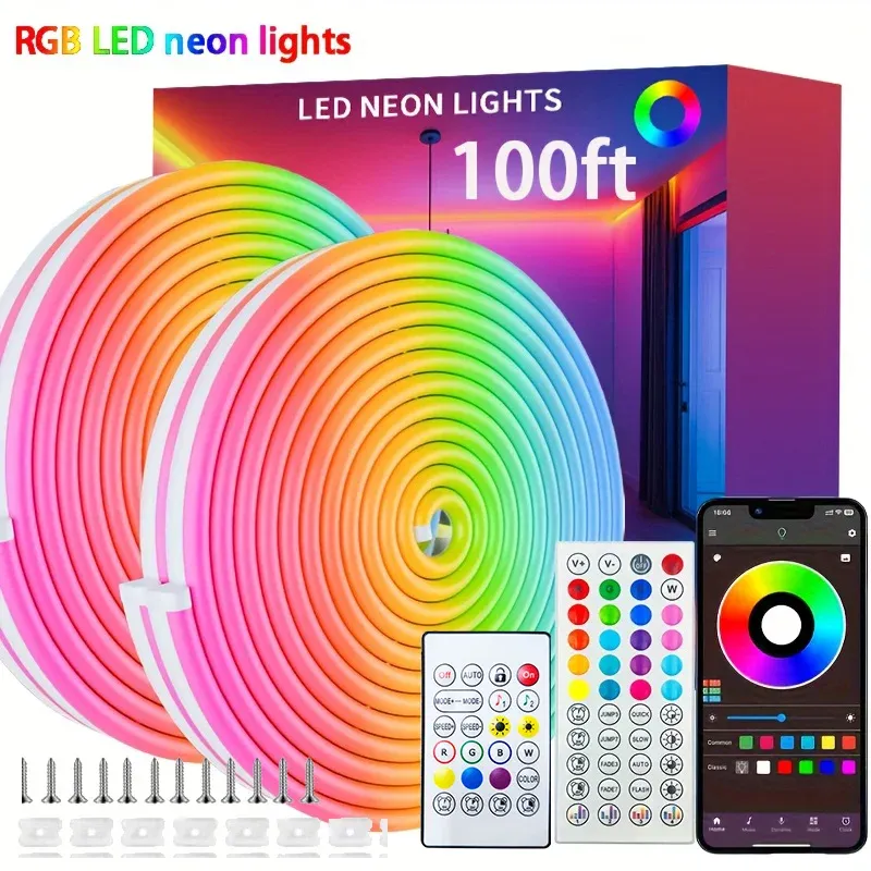 Bande LED néon RGB 24 V à contrôle Bluetooth avec synchronisation musicale, télécommande et kit d'alimentation inclus, étanche, 60 LED