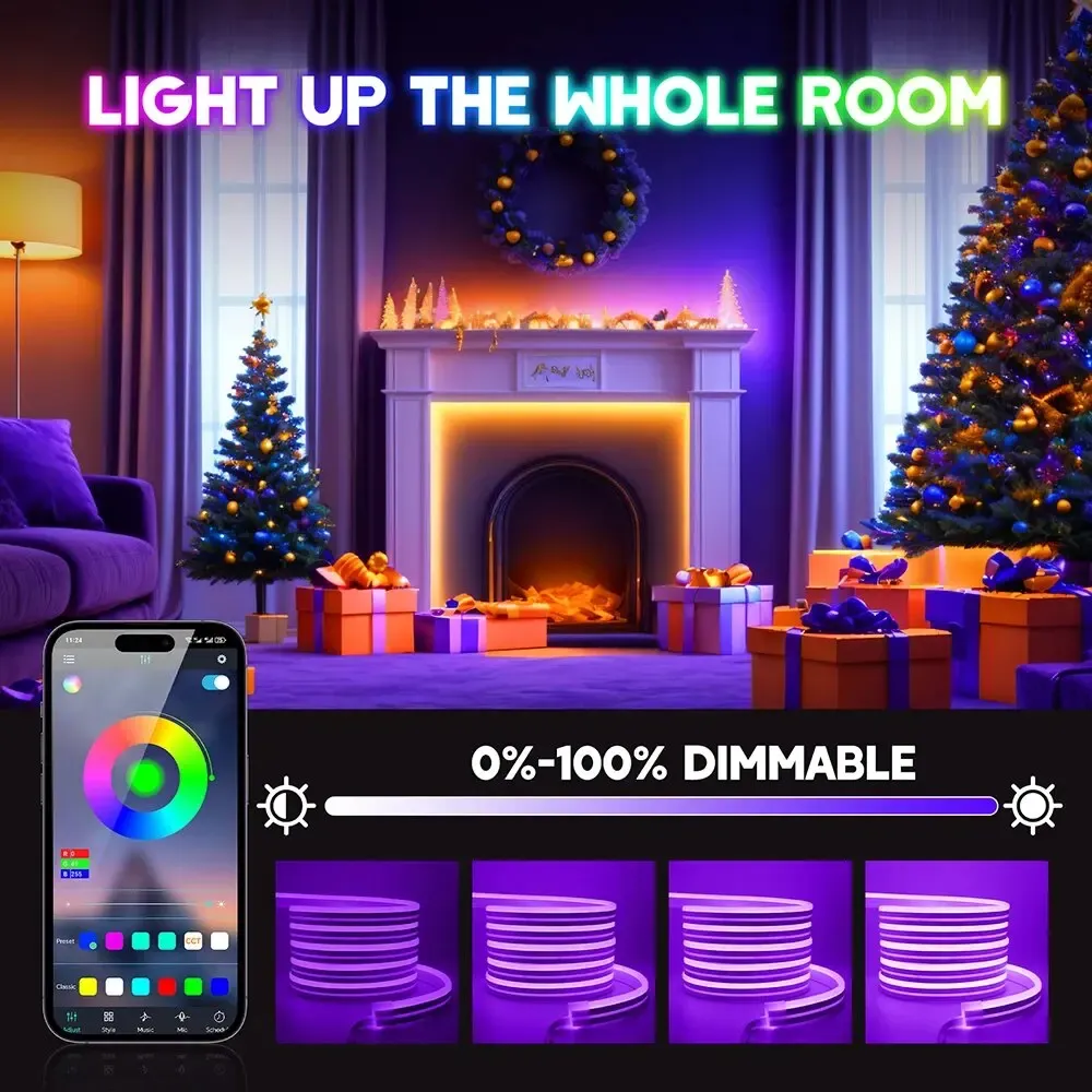 Bande LED néon RGB 24 V à contrôle Bluetooth avec synchronisation musicale, télécommande et kit d'alimentation inclus, étanche, 60 LED 4