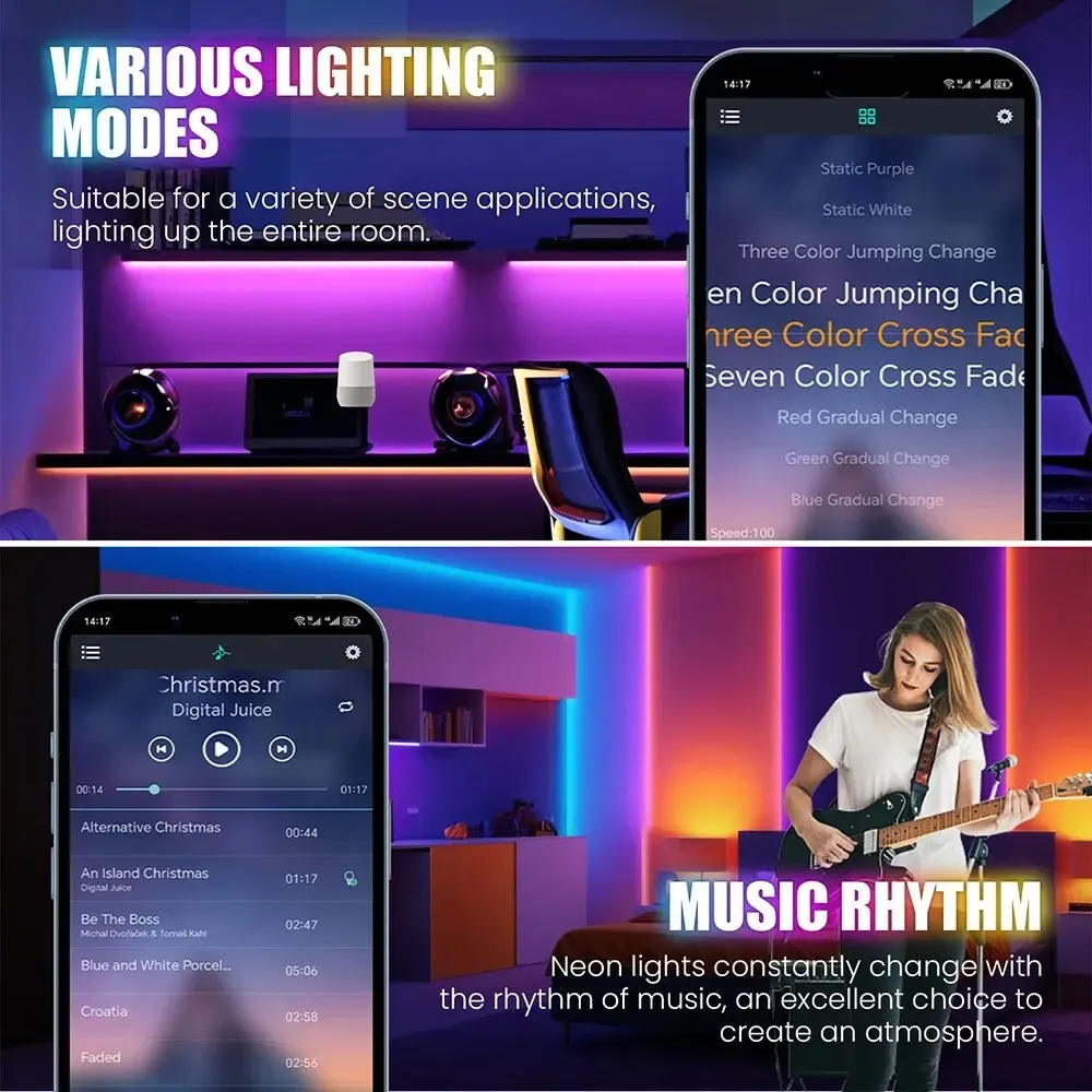 Bande LED néon RGB 24 V à contrôle Bluetooth avec synchronisation musicale, télécommande et kit d'alimentation inclus, étanche, 60 LED 5