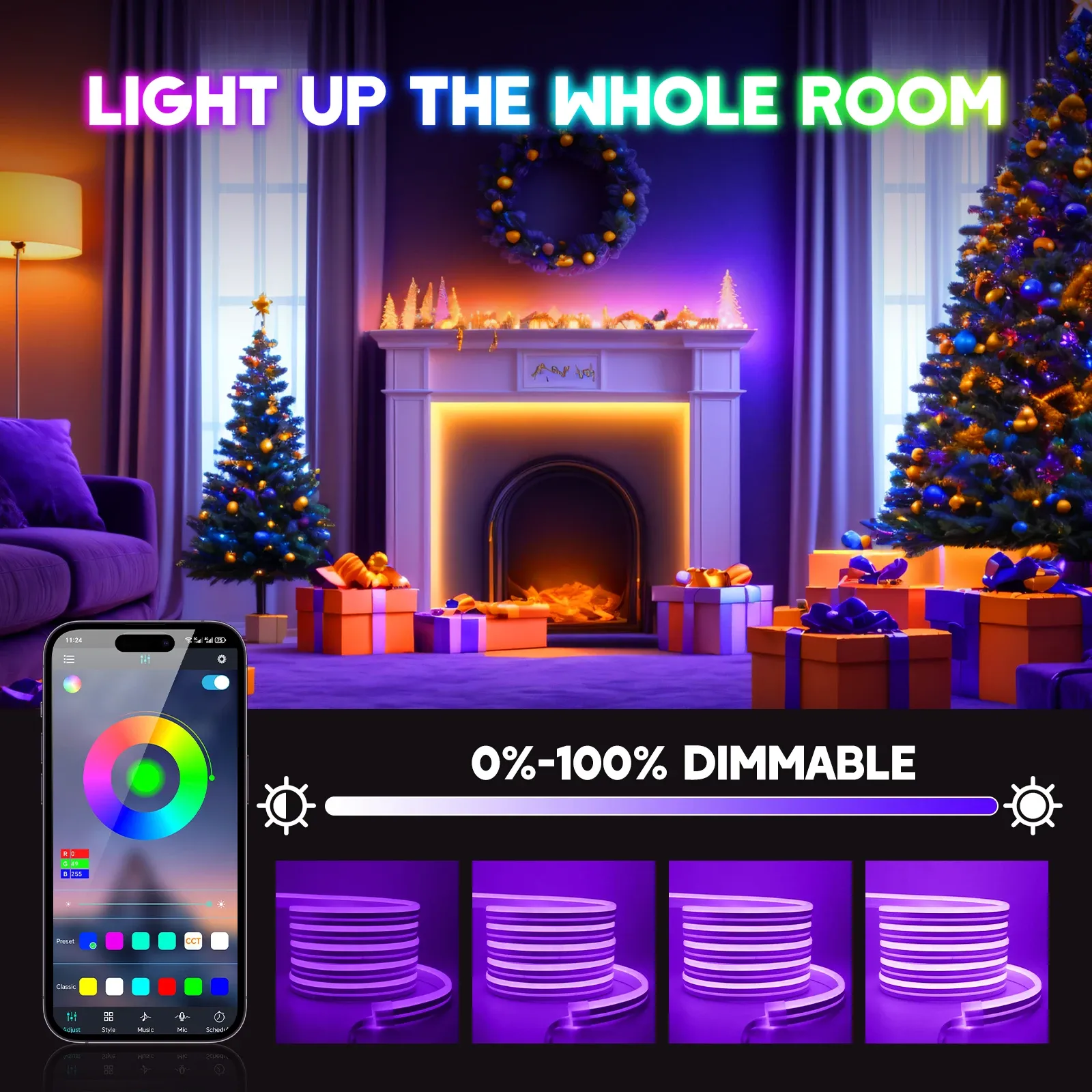 Bande lumineuse néon LED RGB, diffusion de la lumière