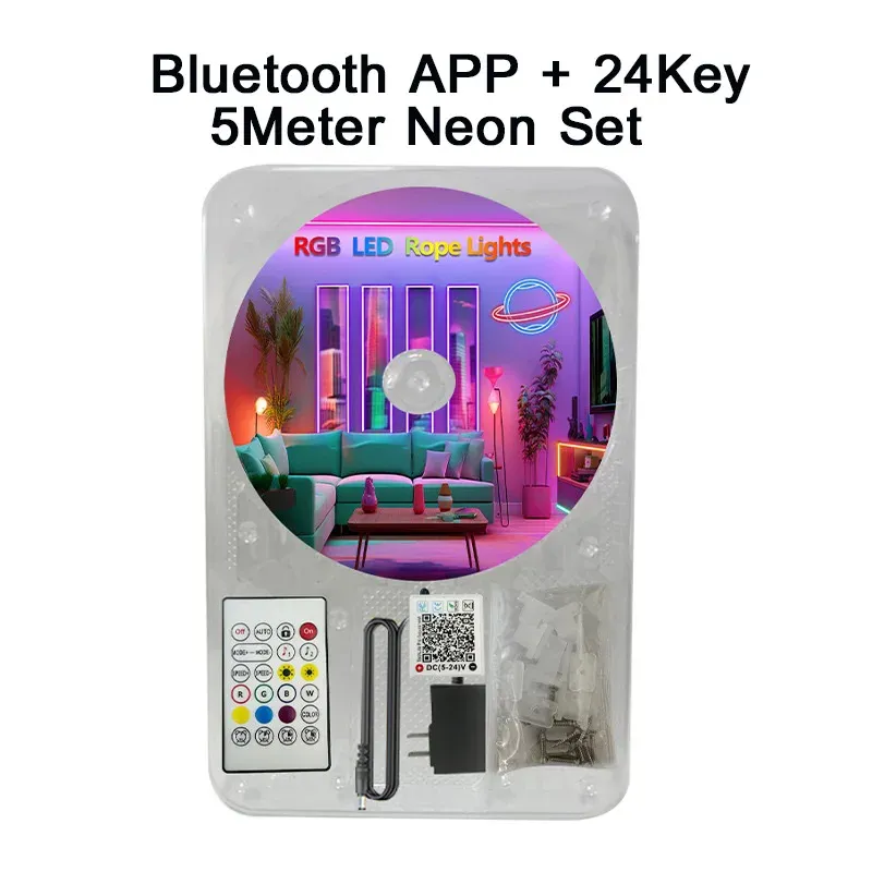 Bande LED néon RGB 24 V à contrôle Bluetooth avec synchronisation musicale, télécommande et kit d'alimentation inclus, étanche, 60 LED 9