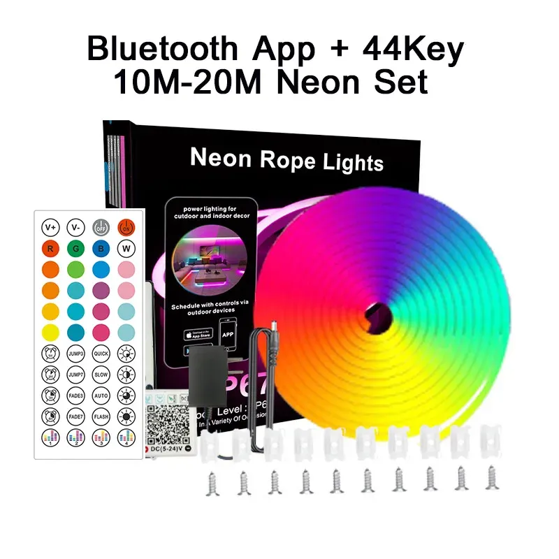 Bande LED néon RGB 24 V à contrôle Bluetooth avec synchronisation musicale, télécommande et kit d'alimentation inclus, étanche, 60 LED 8